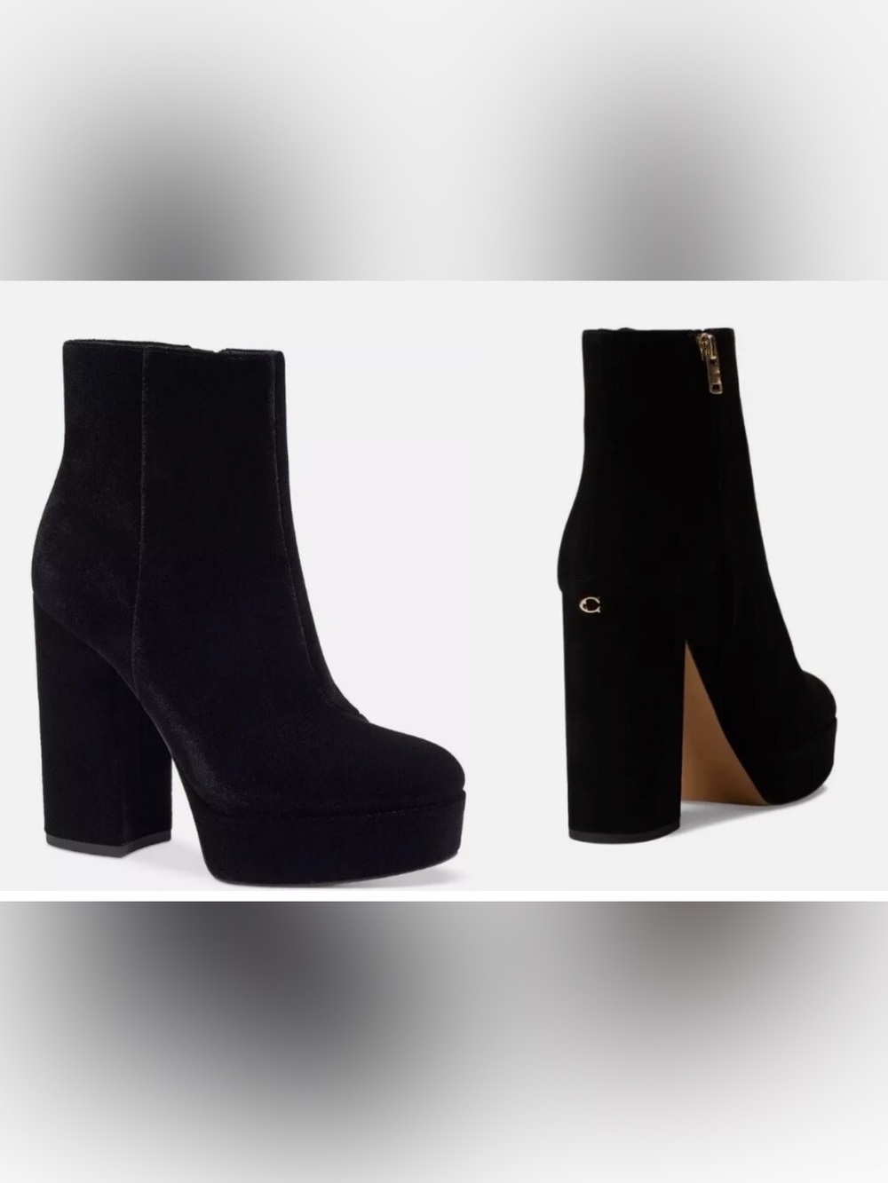 Coach Lona Black Suede Platform Block Heel Ankle Boots size 8.5